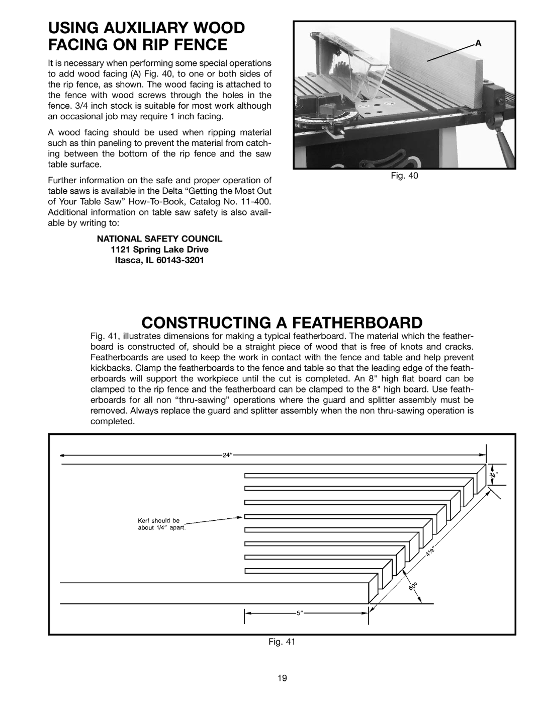 Delta 36-540, 36-545 Using Auxiliary Wood Facing on RIP Fence, Constructing a Featherboard, National Safety Council 