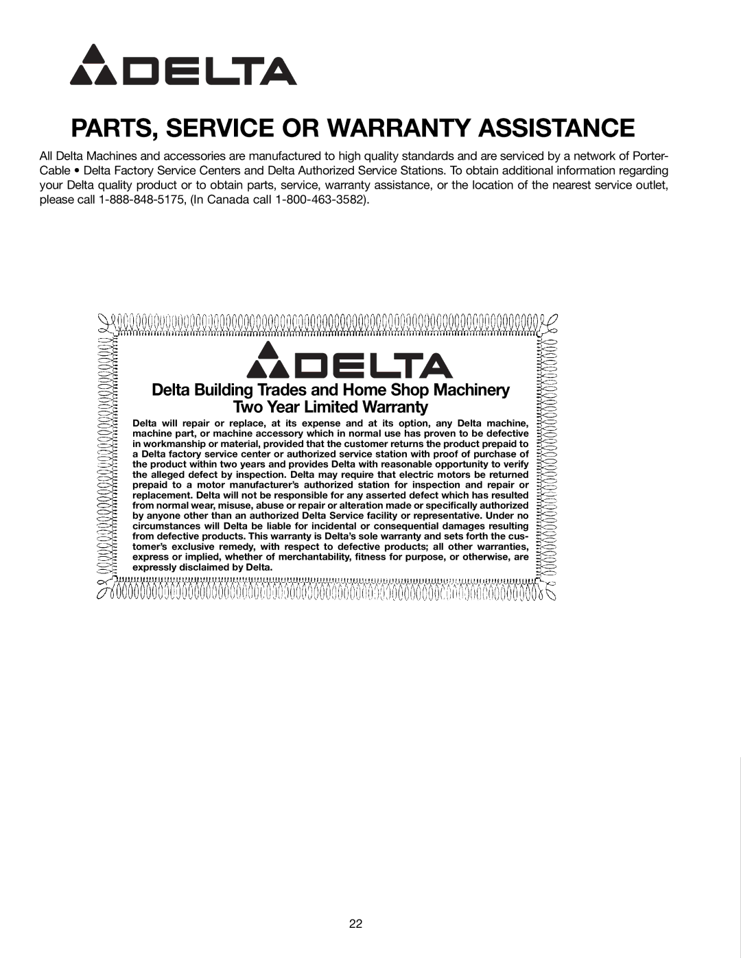 Delta 36-545, 36-540 instruction manual PARTS, Service or Warranty Assistance 