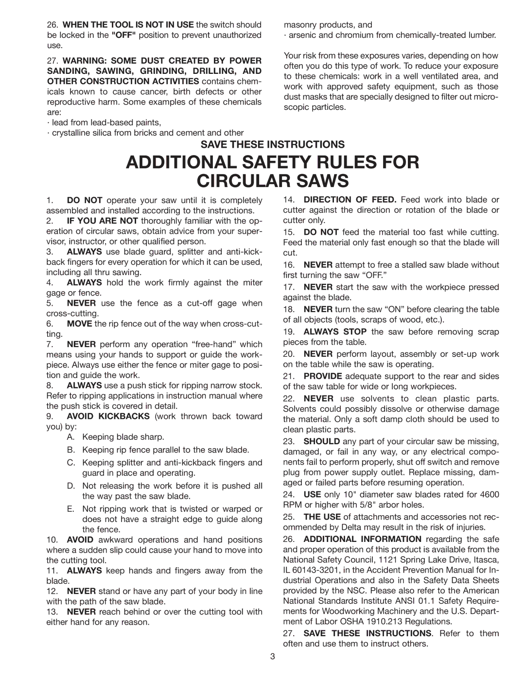 Delta 36-540, 36-545 instruction manual Additional Safety Rules for Circular Saws 