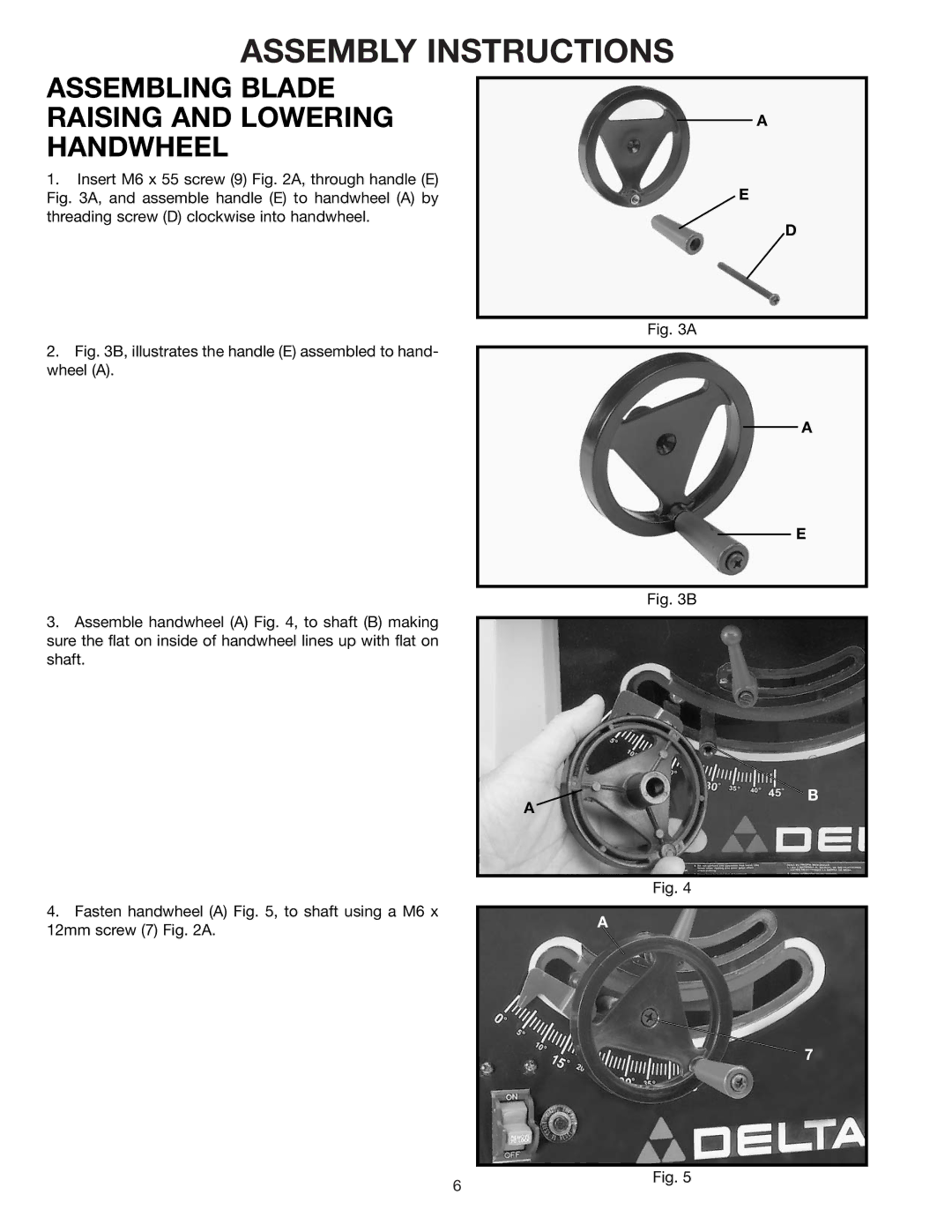 Delta 36-545, 36-540 instruction manual Assembly Instructions, Assembling Blade Raising and Lowering Handwheel 