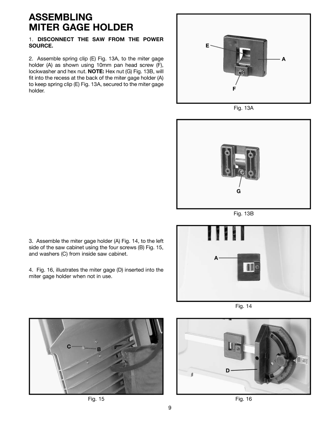 Delta 36-540, 36-545 instruction manual Assembling Miter Gage Holder, Disconnect the SAW from the Power Source 