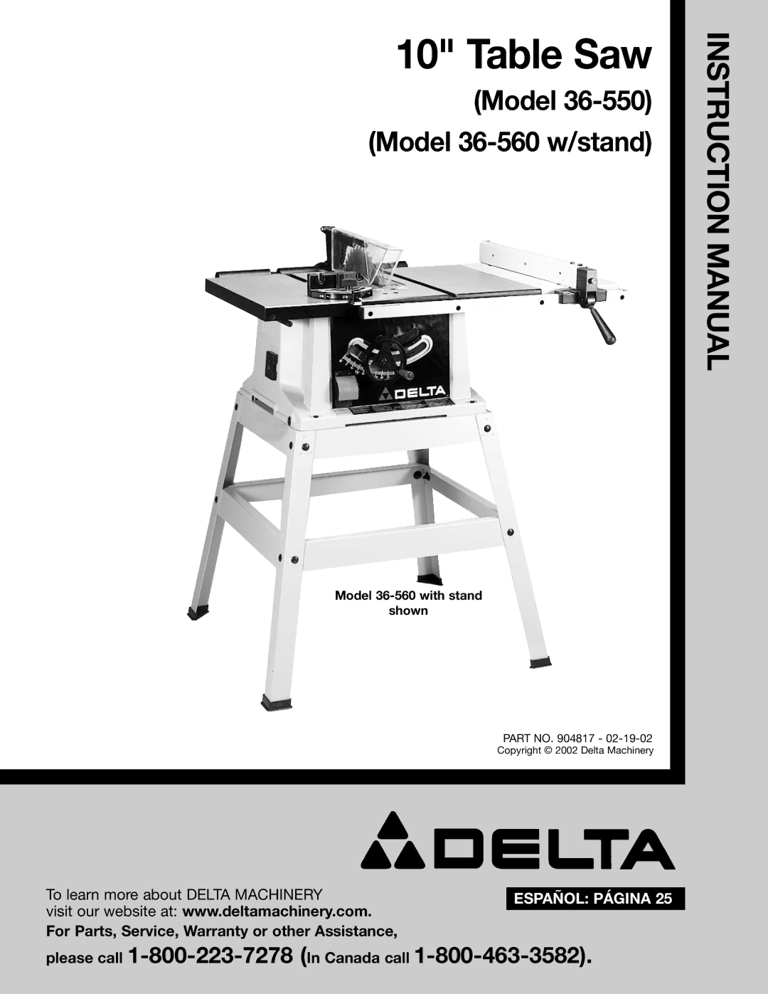 Delta 36-550, 36-560 w/stand) instruction manual Table Saw 