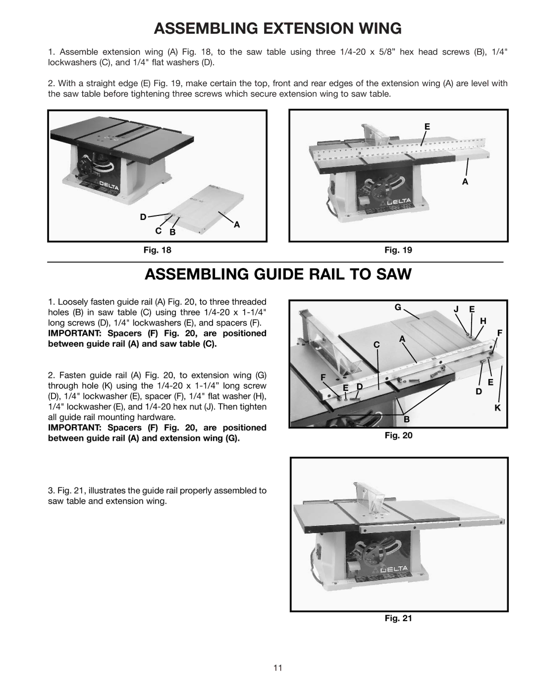 Delta 36-550, 36-560 w/stand) instruction manual Assembling Extension Wing, Assembling Guide Rail to SAW 