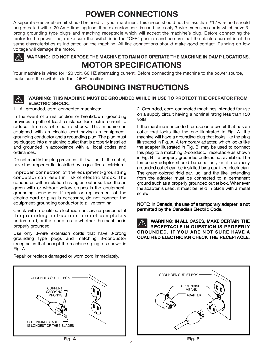 Delta 36-560 w/stand), 36-550 instruction manual Power Connections, Motor Specifications, Grounding Instructions 