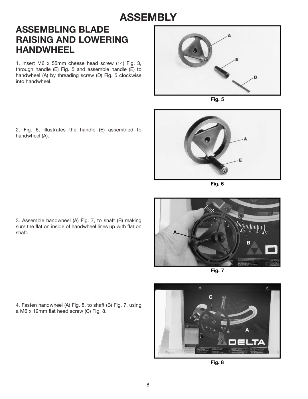 Delta 36-560 w/stand), 36-550 instruction manual Assembly, Assembling Blade Raising and Lowering Handwheel 