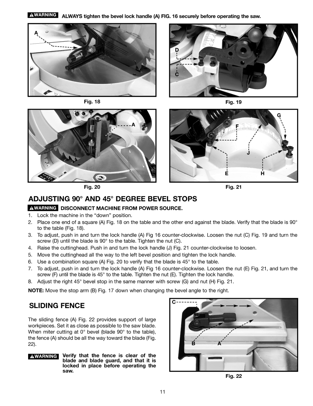 Delta 36-585 instruction manual Adjusting 90 and 45 Degree Bevel Stops, Sliding Fence 