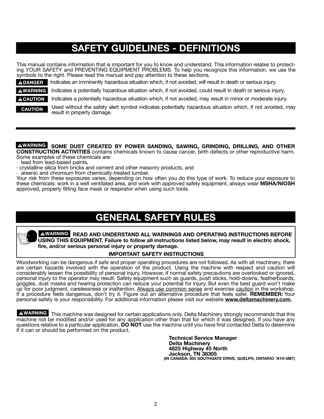 Delta 36-585 instruction manual Safety Guidelines Definitions, Important Safety Instructions 