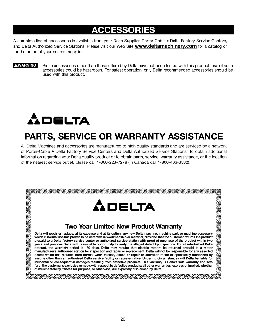 Delta 36-585 instruction manual Accessories, PARTS, Service or Warranty Assistance 