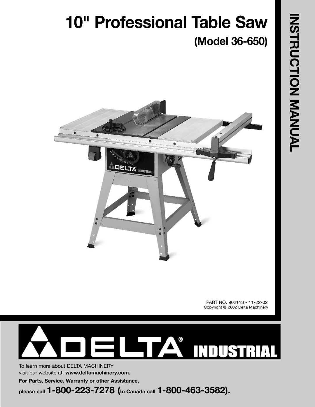 Delta 36-650 instruction manual Professional Table Saw 