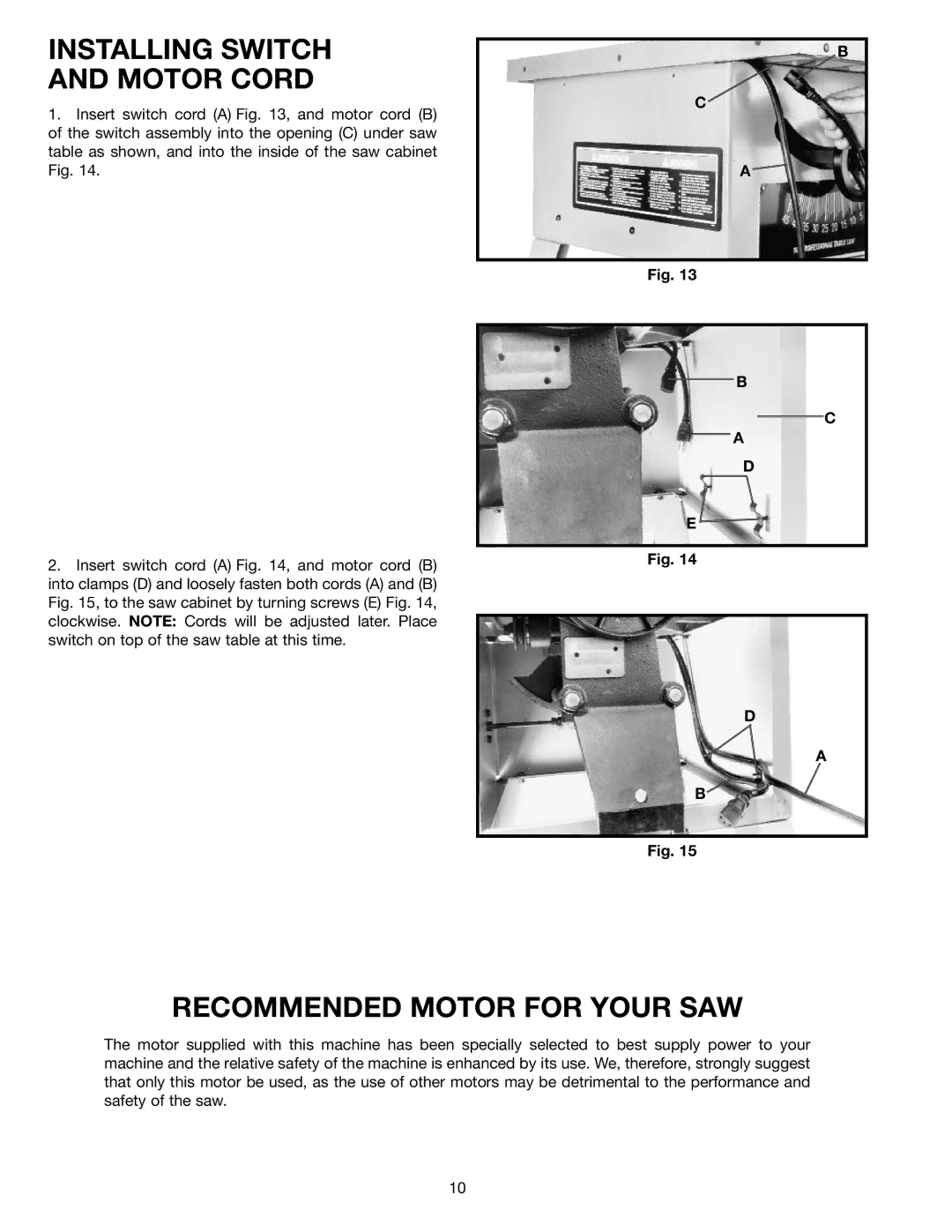 Delta 36-650 instruction manual Installing Switch Motor Cord, Recommended Motor for Your SAW 