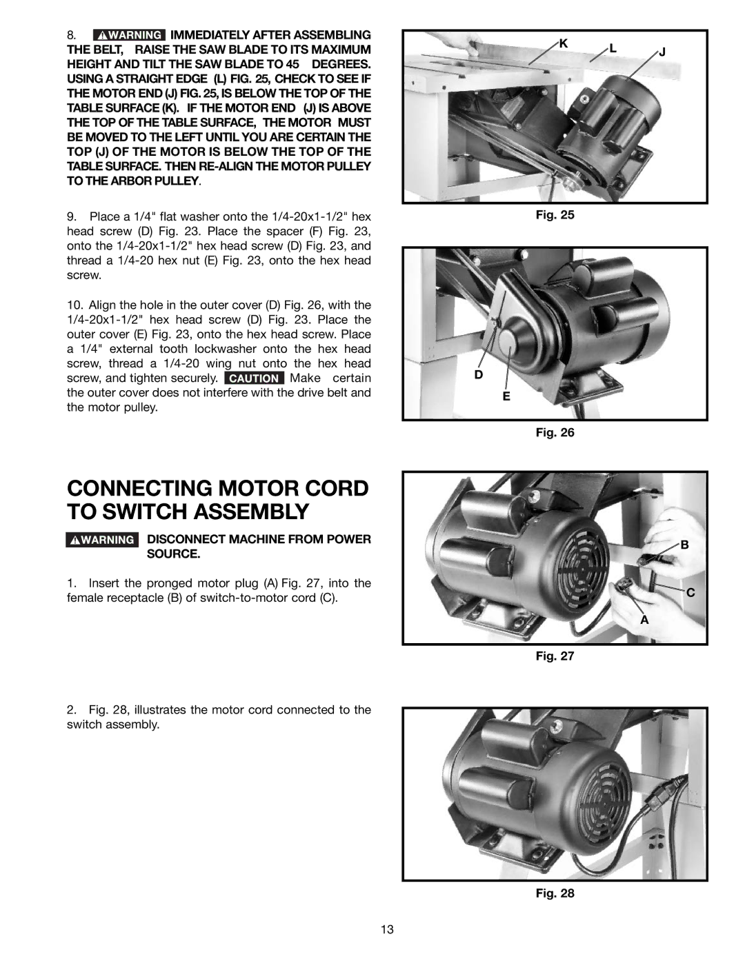 Delta 36-650 Connecting Motor Cord to Switch Assembly, Illustrates the motor cord connected to the switch assembly 