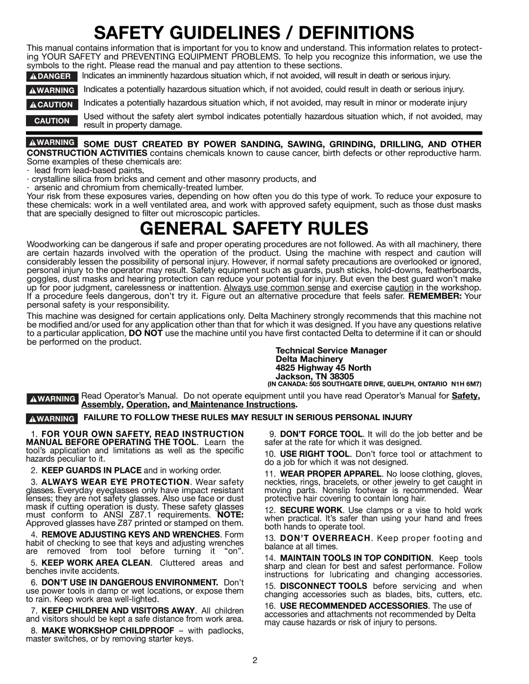 Delta 36-650 instruction manual Safety Guidelines / Definitions, General Safety Rules 