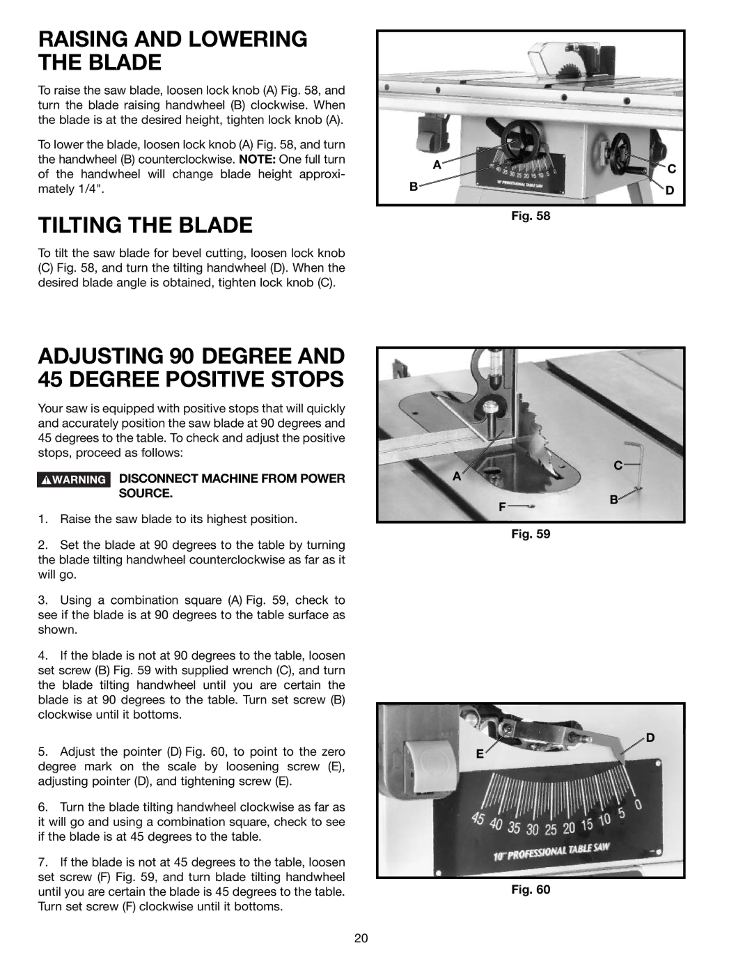 Delta 36-650 instruction manual Raising and Lowering the Blade, Tilting the Blade 