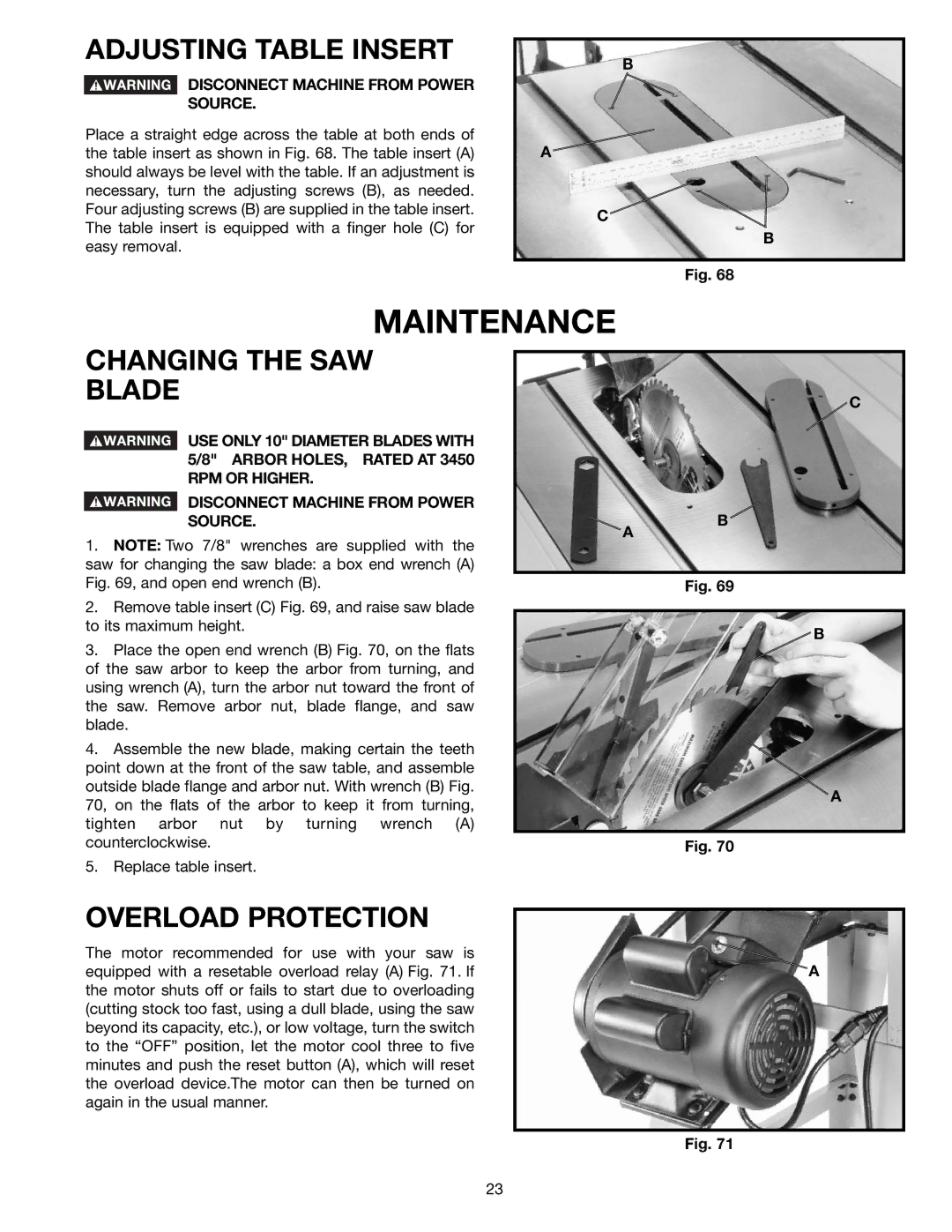 Delta 36-650 instruction manual Maintenance, Adjusting Table Insert, Changing the SAW Blade, Overload Protection 