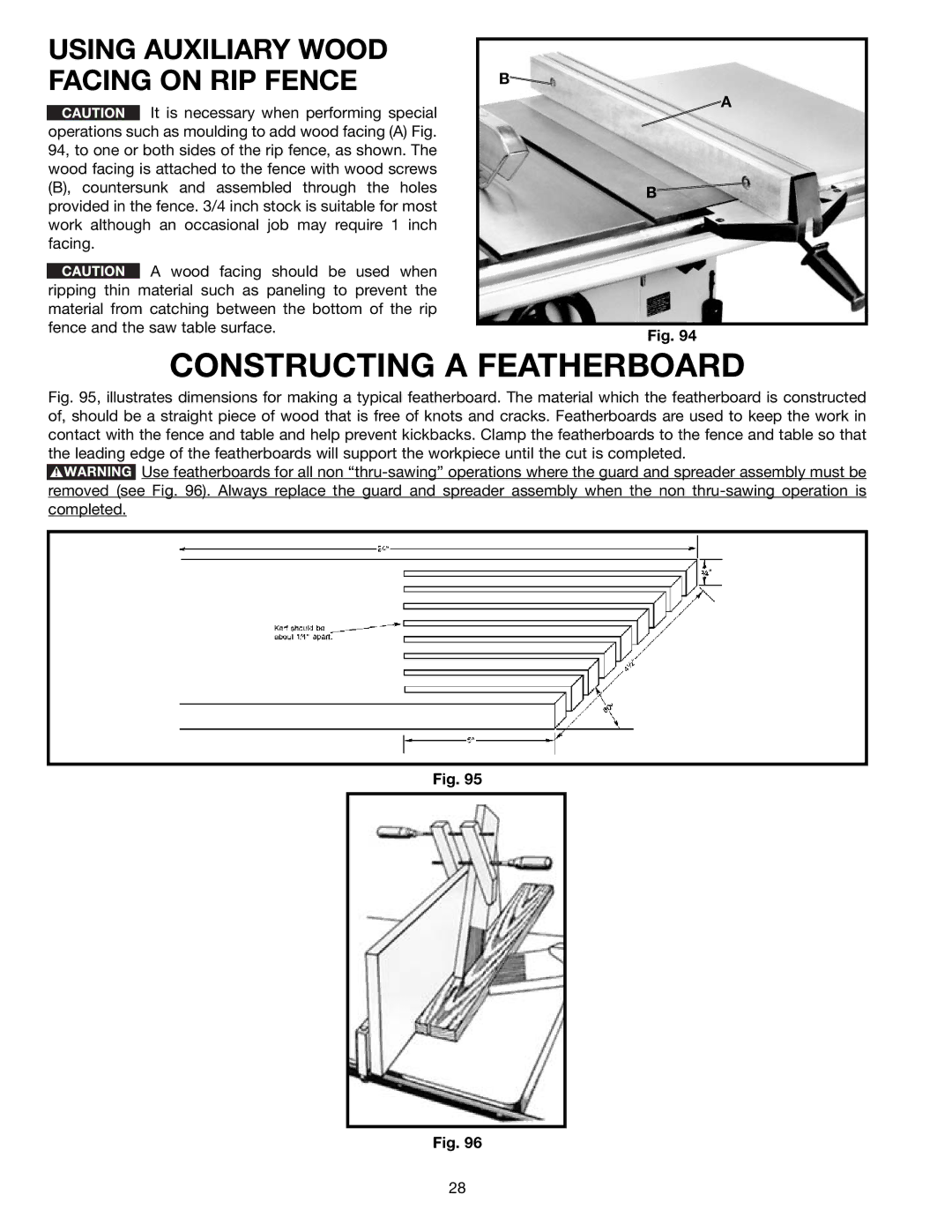 Delta 36-650 instruction manual Constructing a Featherboard, Using Auxiliary Wood Facing on RIP Fence 