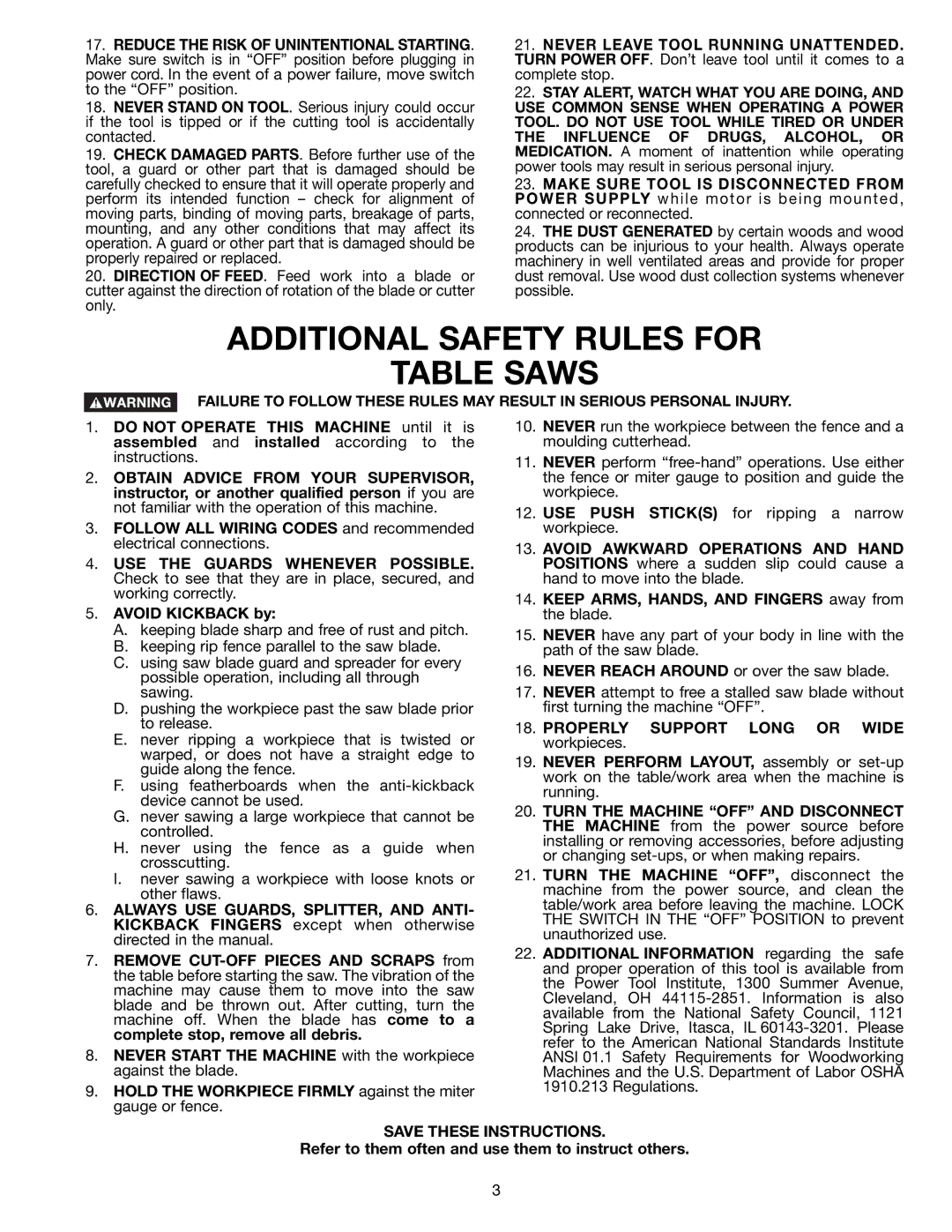 Delta 36-650 instruction manual Additional Safety Rules for Table Saws 