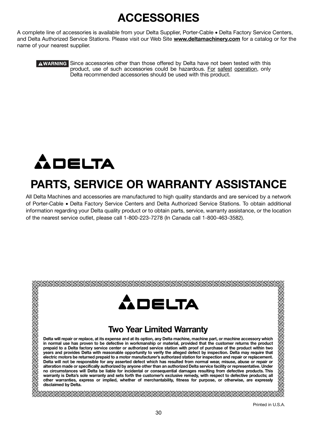 Delta 36-650 instruction manual Accessories, PARTS, Service or Warranty Assistance 