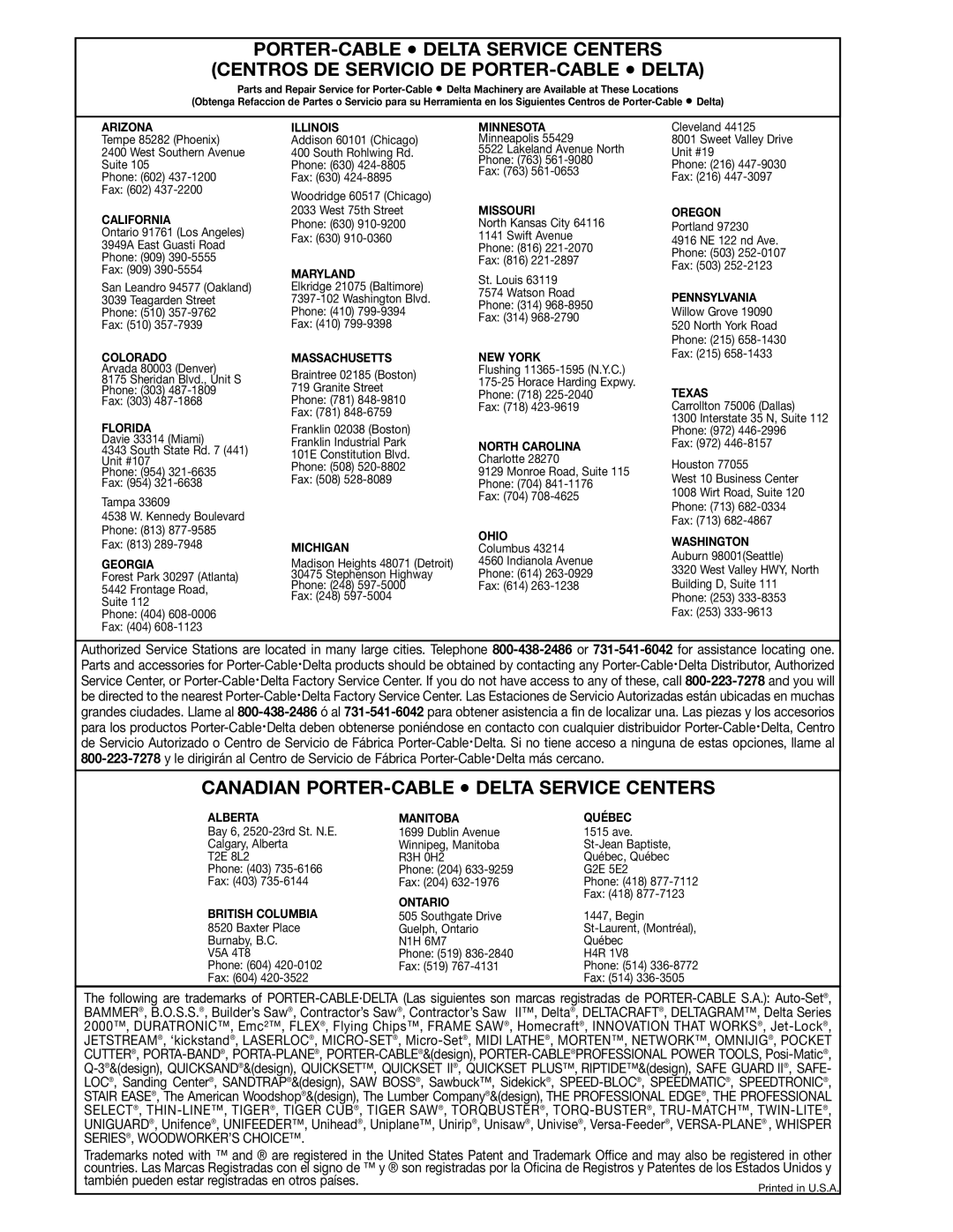 Delta 36-650 instruction manual Canadian PORTER-CABLE Delta Service Centers 