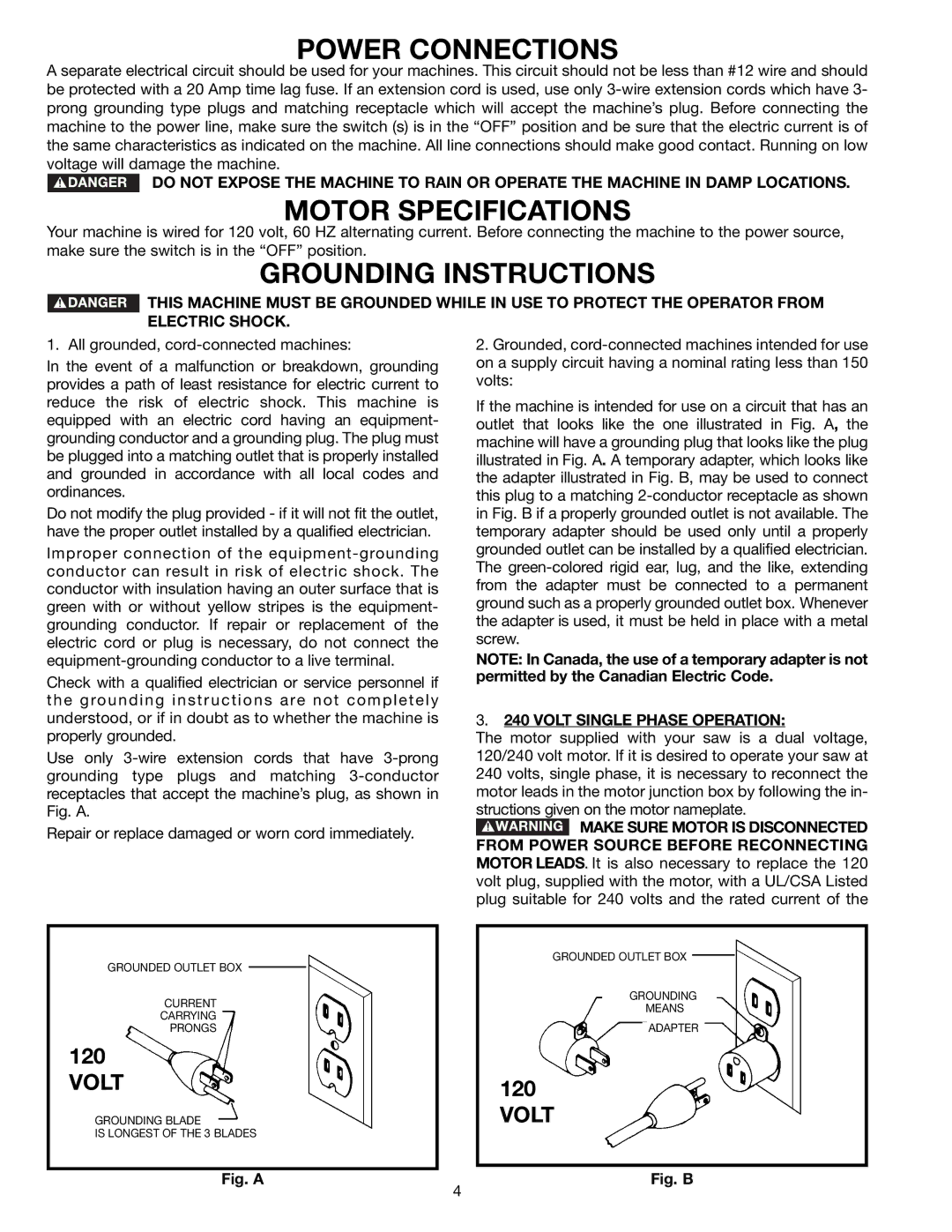 Delta 36-650 instruction manual Power Connections, Motor Specifications, Grounding Instructions 