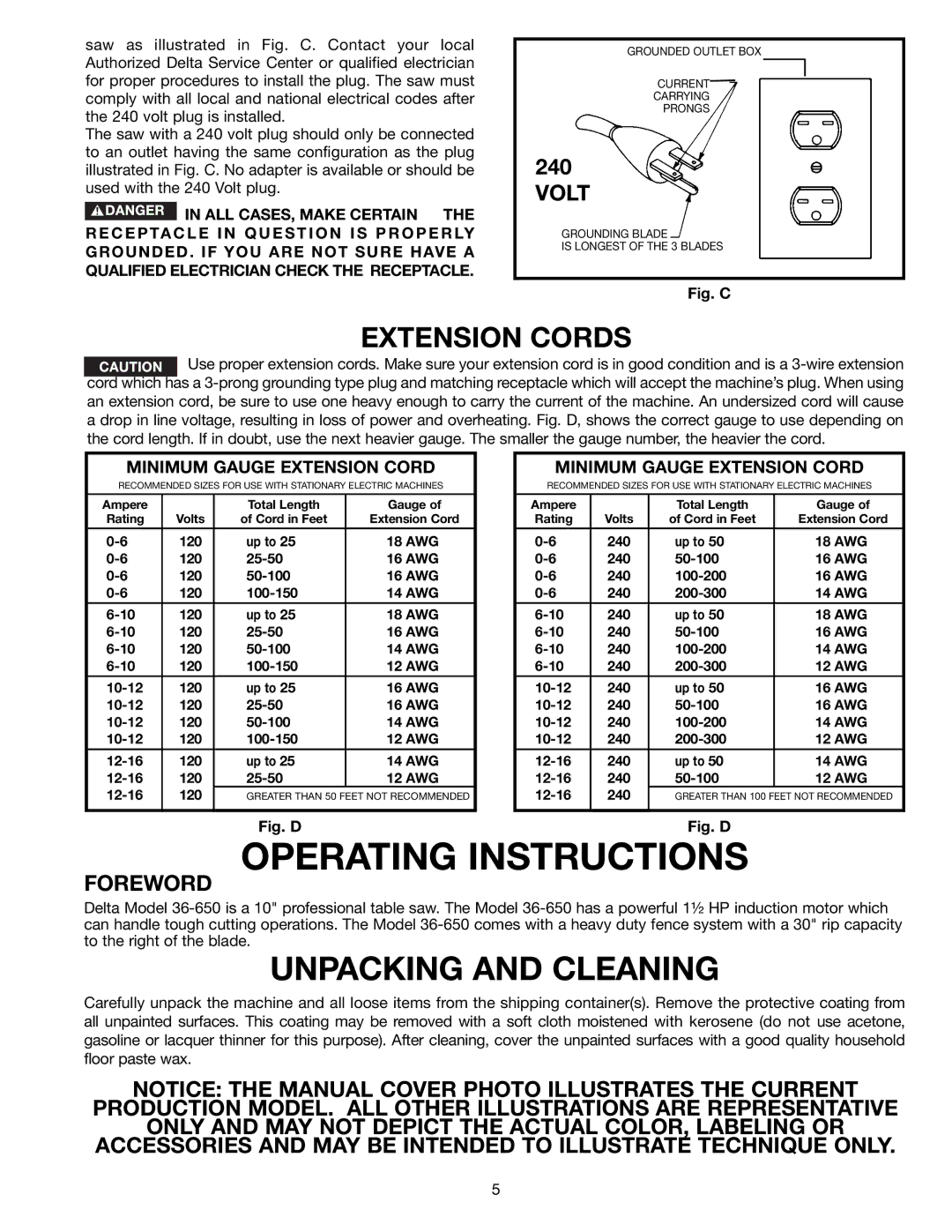 Delta 36-650 instruction manual Unpacking and Cleaning, Extension Cords 