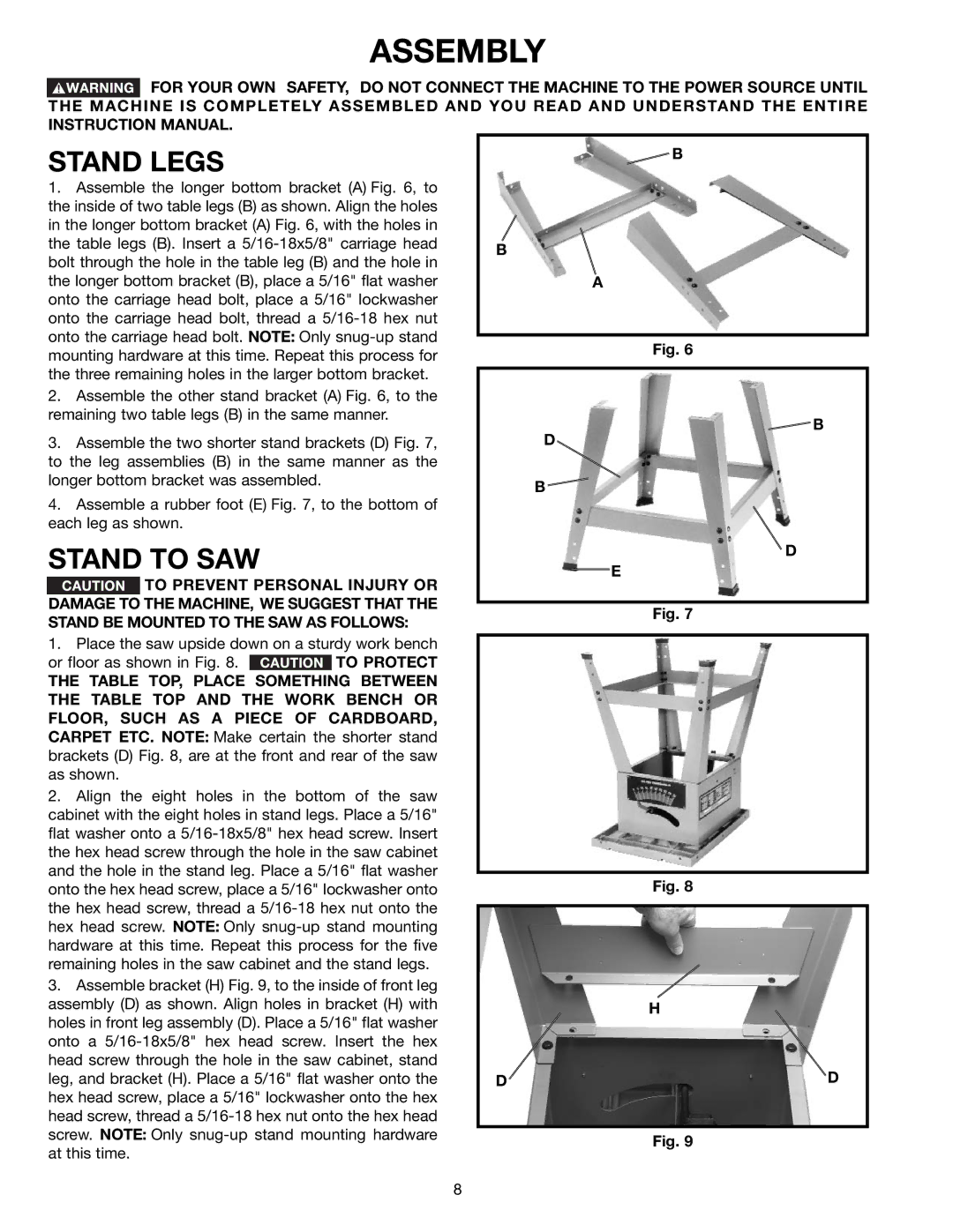 Delta 36-650 instruction manual Assembly, Stand Legs, Stand to SAW 