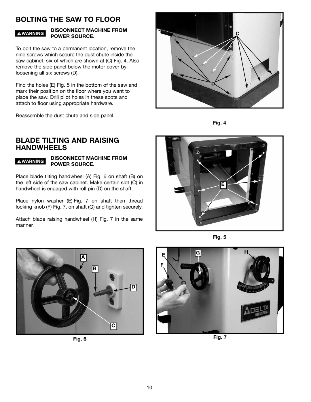 Delta 36-714 Bolting the SAW to Floor, Blade Tilting and Raising Handwheels, Disconnect Machine from Power Source 