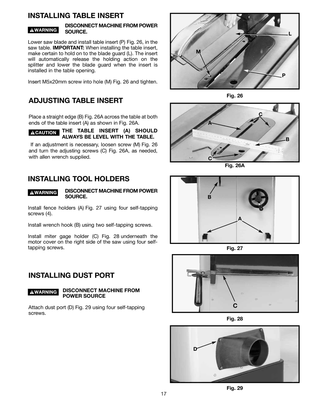 Delta 36-714 Installing Table Insert, Adjusting Table Insert, Installing Tool Holders, Installing Dust Port 