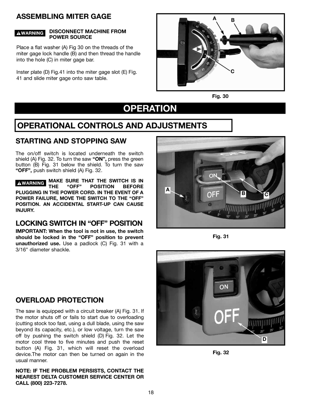 Delta 36-714 instruction manual Operation, Assembling Miter Gage, Starting and Stopping SAW, Locking Switch in OFF Position 