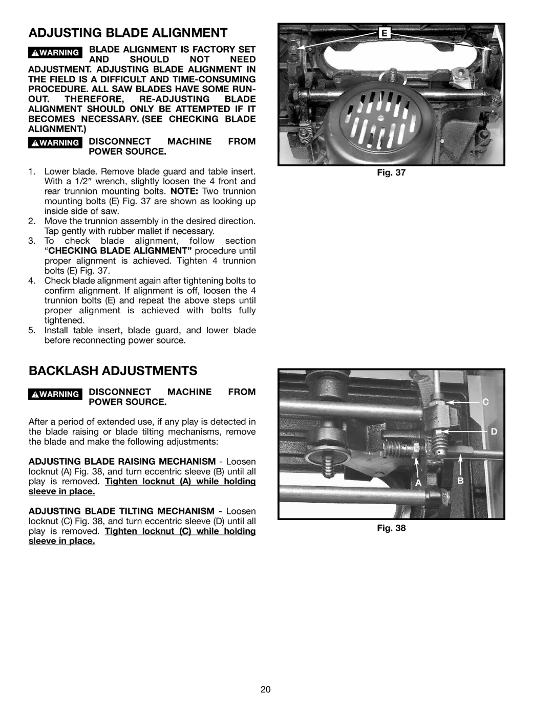 Delta 36-714 instruction manual Adjusting Blade Alignment, Backlash Adjustments 