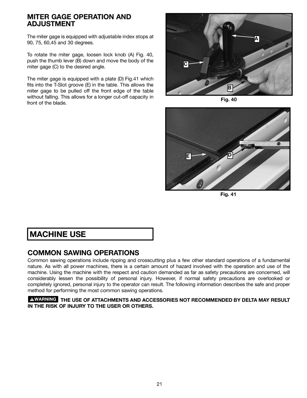 Delta 36-714 instruction manual Miter Gage Operation and Adjustment, Common Sawing Operations 