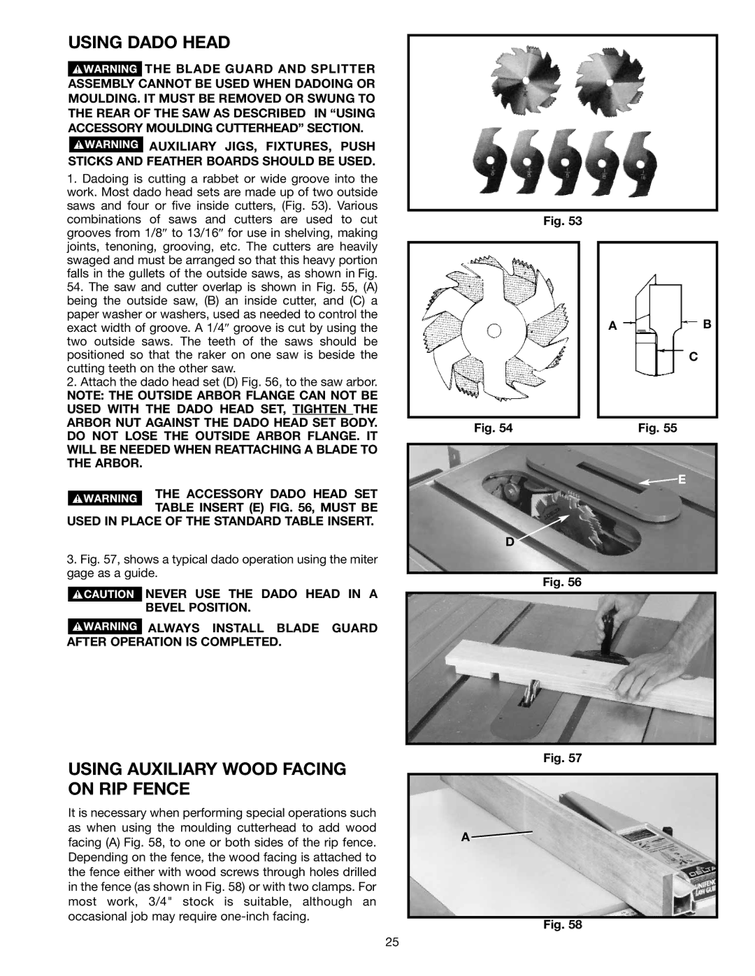 Delta 36-714 instruction manual Using Dado Head, Using Auxiliary Wood Facing on RIP Fence 