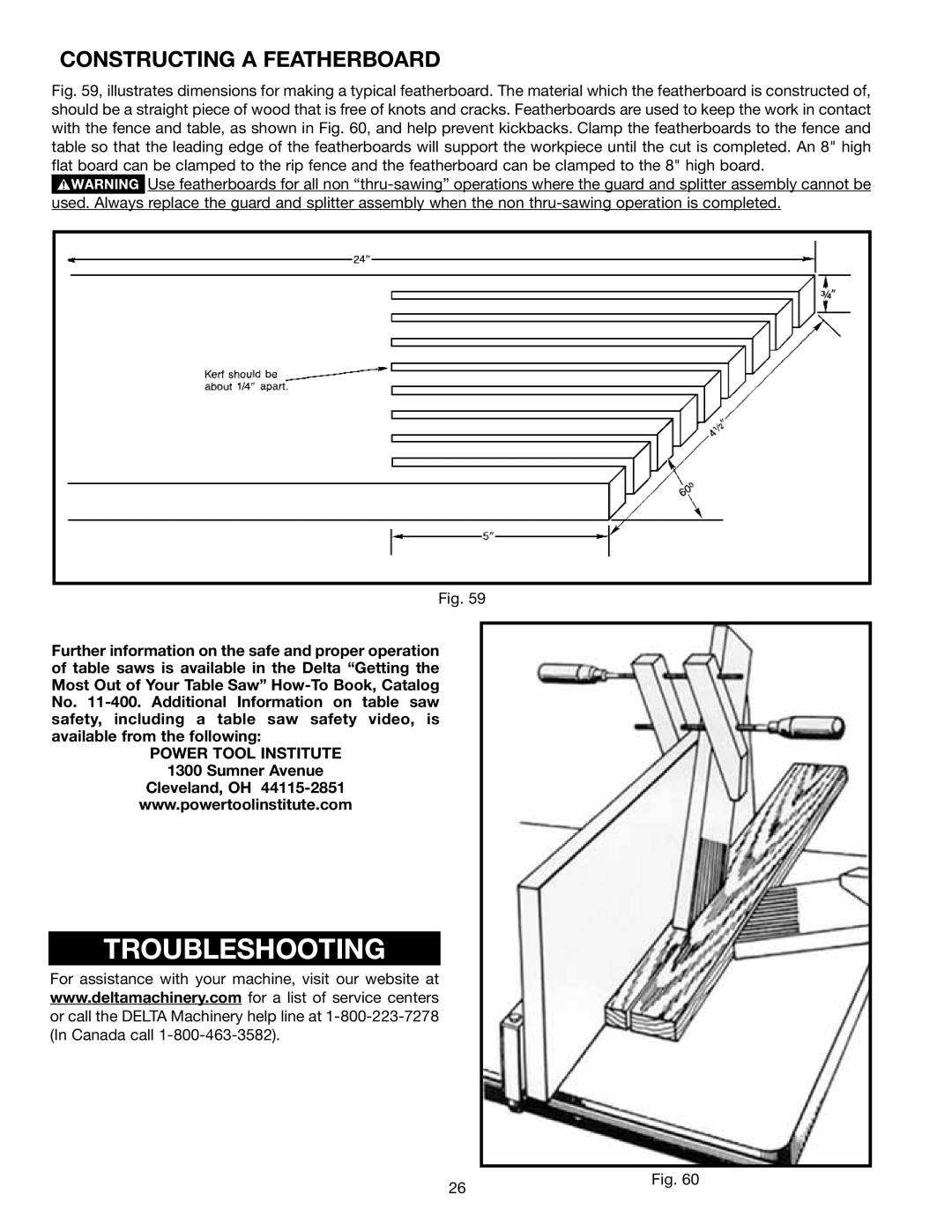 Delta 36-714 instruction manual Troubleshooting, Constructing a Featherboard, Power Tool Institute 