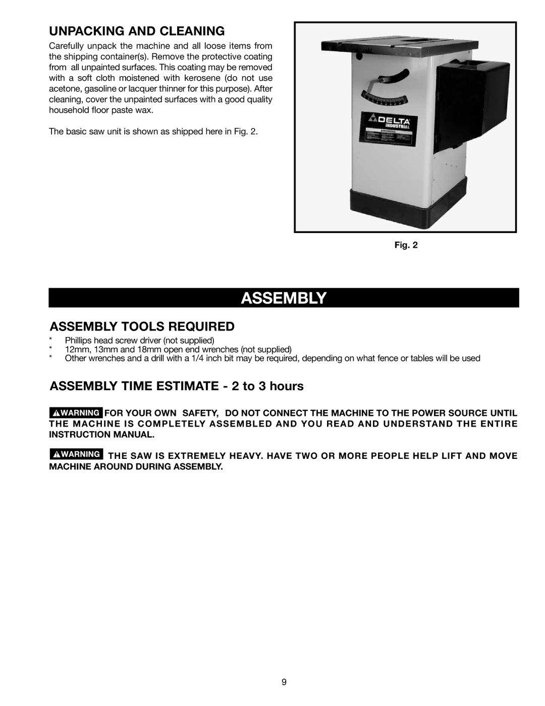 Delta 36-714 instruction manual Unpacking and Cleaning, Assembly Tools Required 