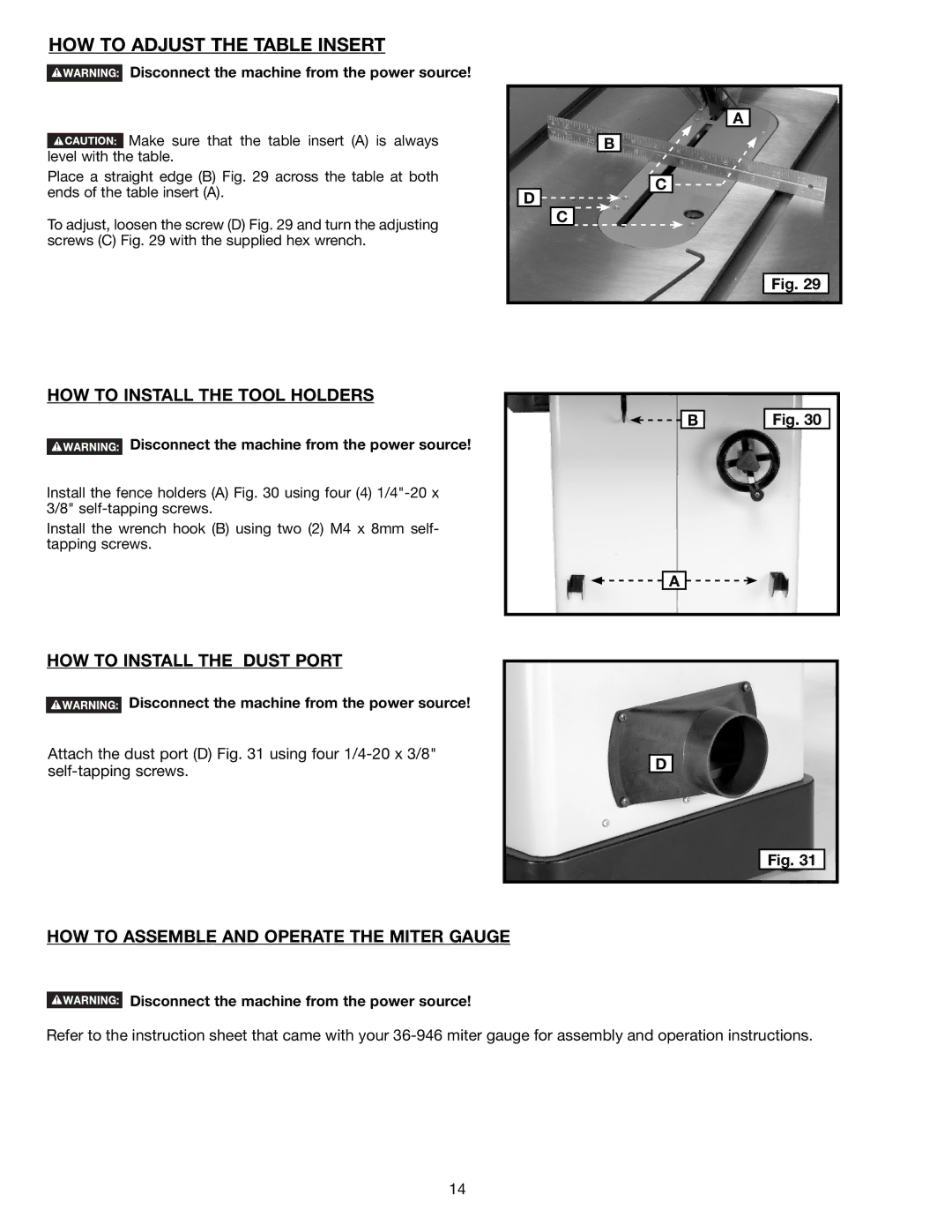 Delta 36-714B HOW to Adjust the Table Insert, HOW to Install the Tool Holders, HOW to Install the Dust Port 