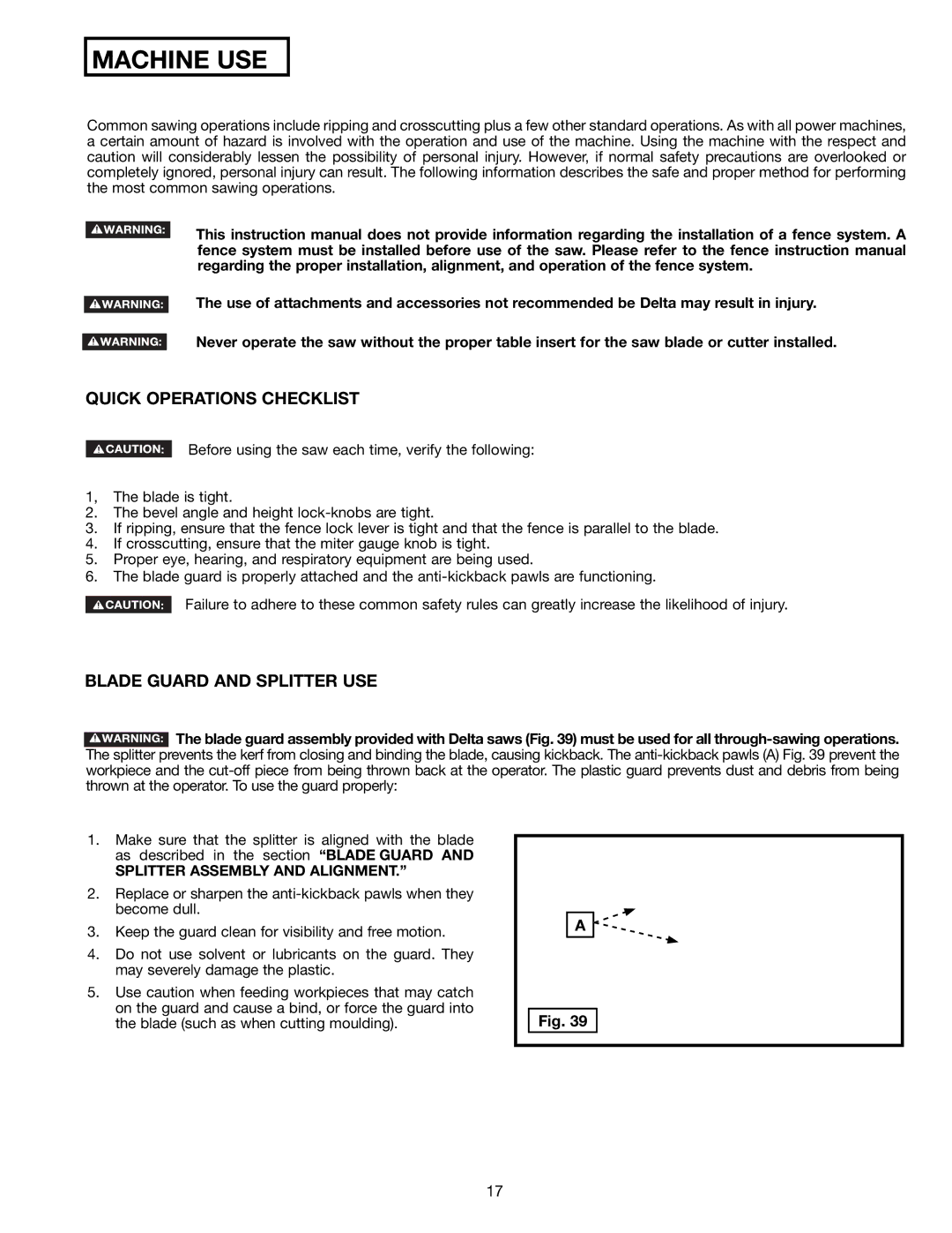 Delta 36-714B instruction manual Quick Operations Checklist, Blade Guard and Splitter USE, Splitter Assembly and Alignment 