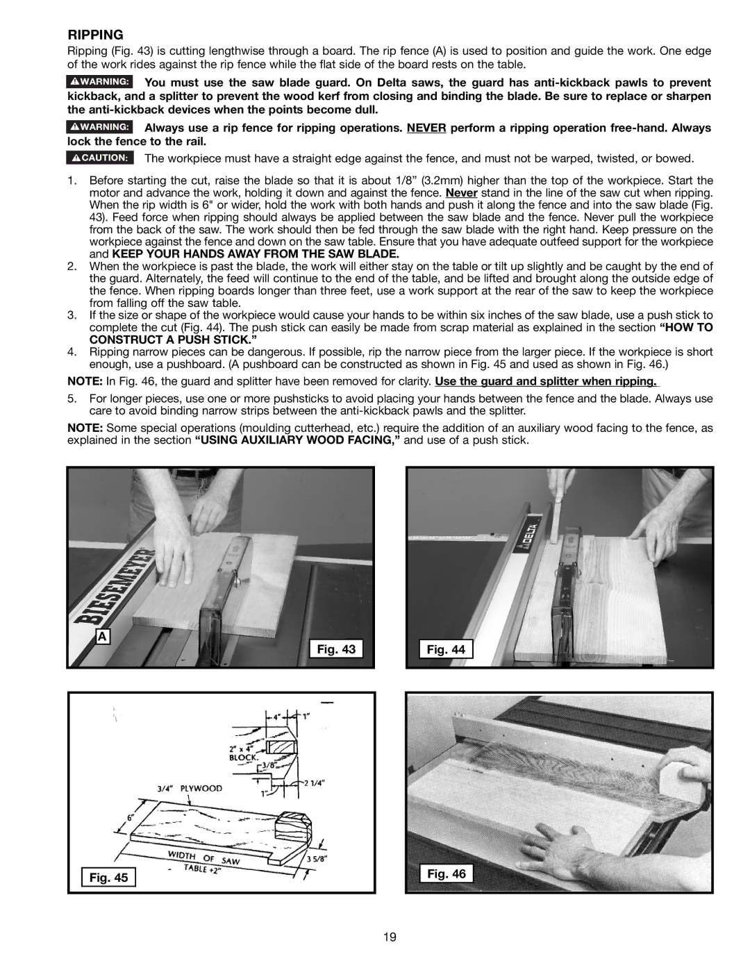 Delta 36-714B instruction manual Ripping, Construct a Push Stick 