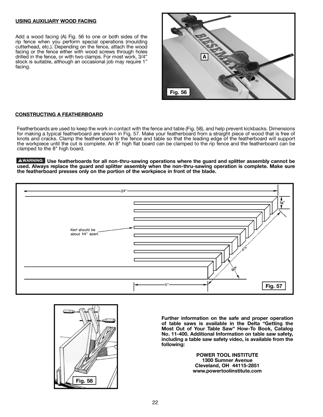 Delta 36-714B instruction manual Using Auxiliary Wood Facing, Constructing a Featherboard, Power Tool Institute 