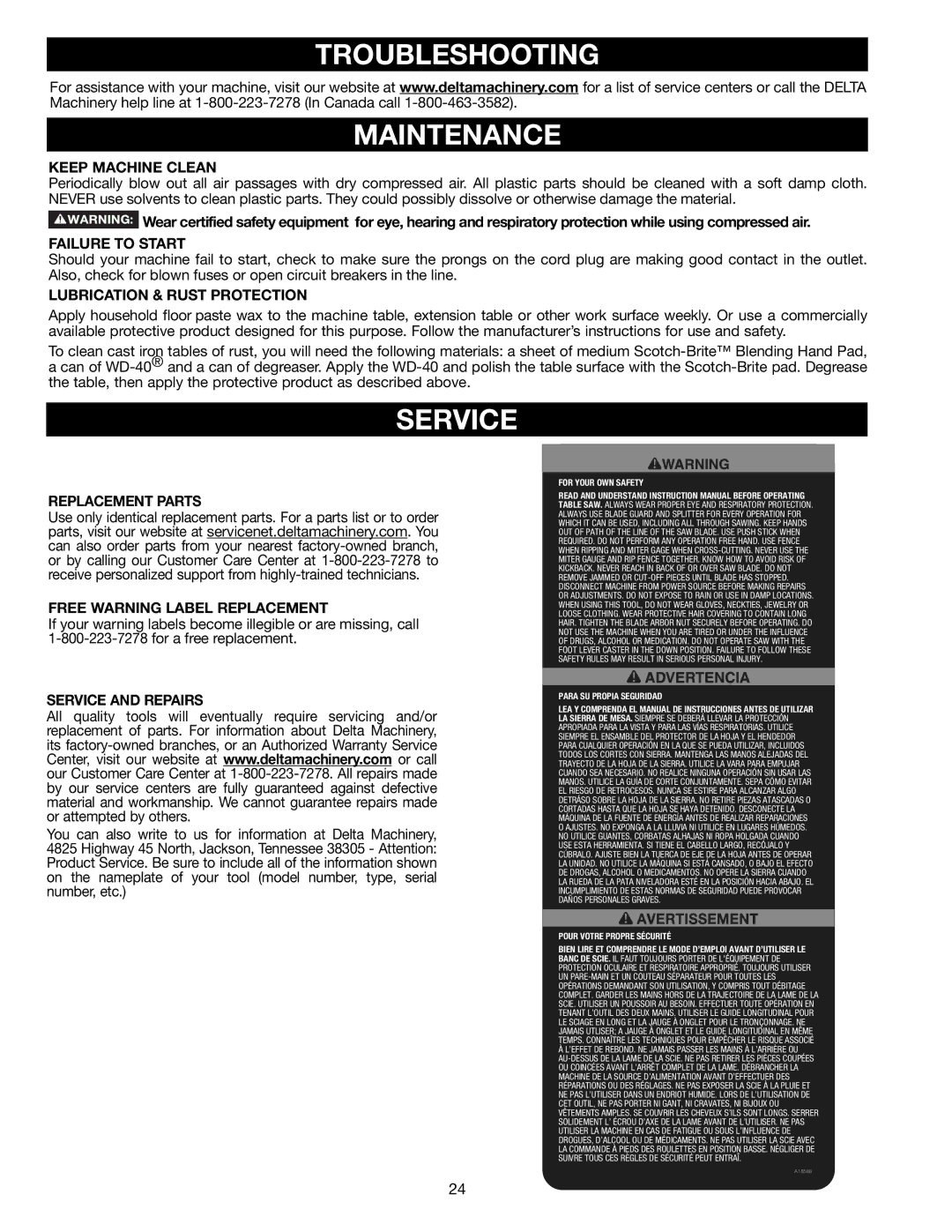 Delta 36-714B instruction manual Troubleshooting Maintenance, Service 