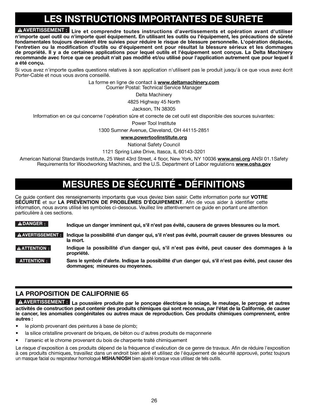 Delta 36-714B LES Instructions Importantes DE Surete, Mesures DE Sécurité Définitions, LA Proposition DE Californie 