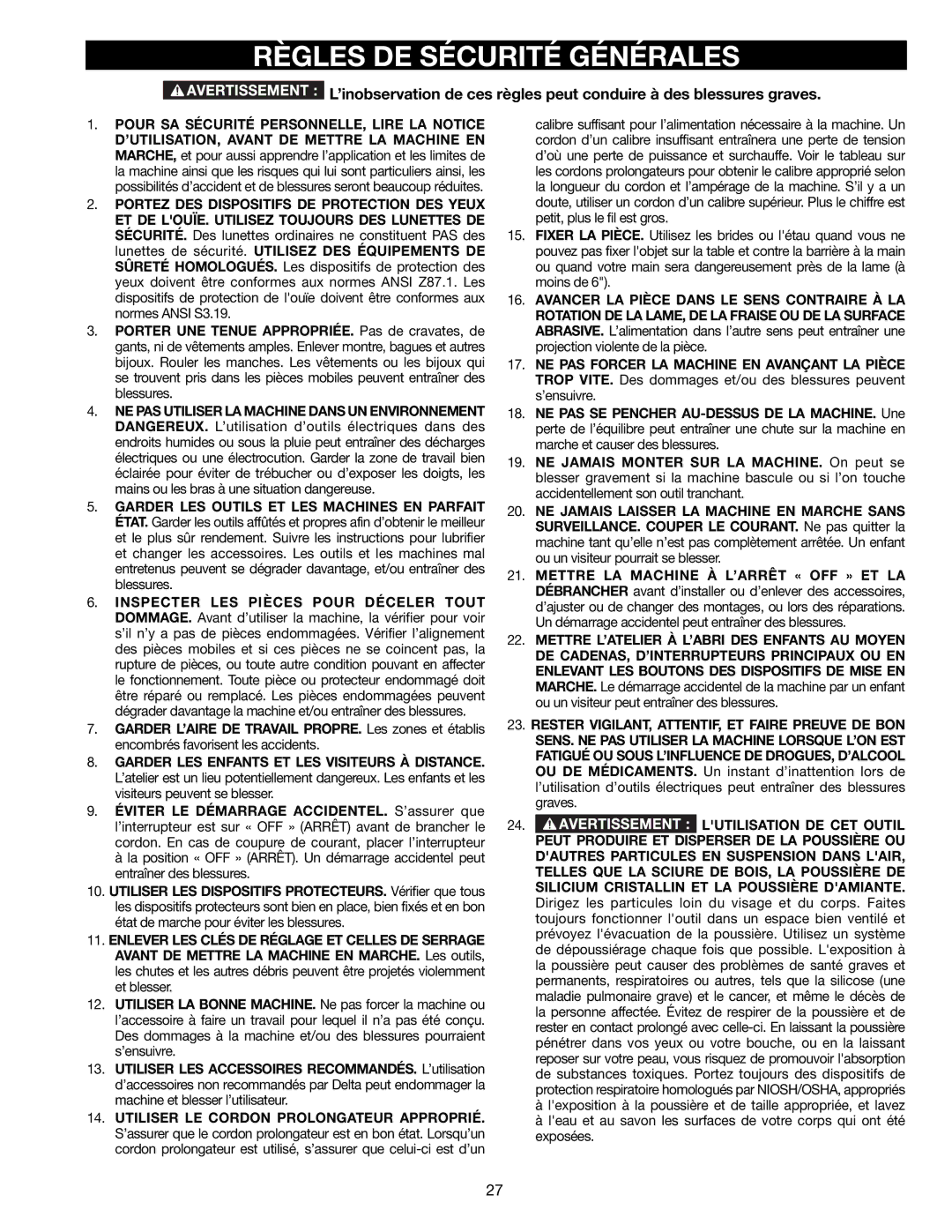 Delta 36-714B instruction manual Règles DE Sécurité Générales, Lutilisation DE CET Outil 