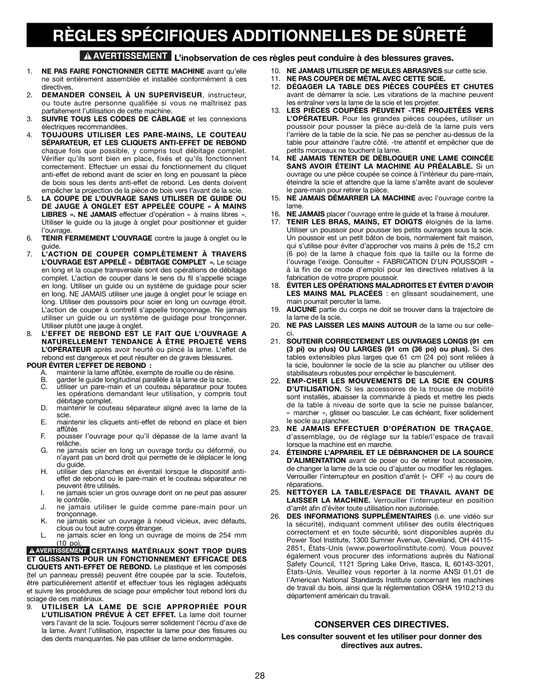 Delta 36-714B instruction manual Règles Spécifiques Additionnelles DE Sûreté, Conserver CES Directives 