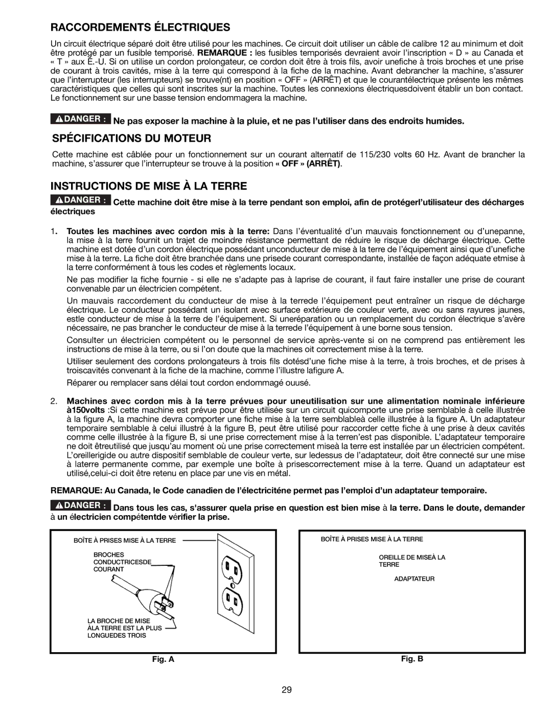 Delta 36-714B instruction manual Raccordements Électriques, Spécifications DU Moteur, Instructions DE Mise À LA Terre 