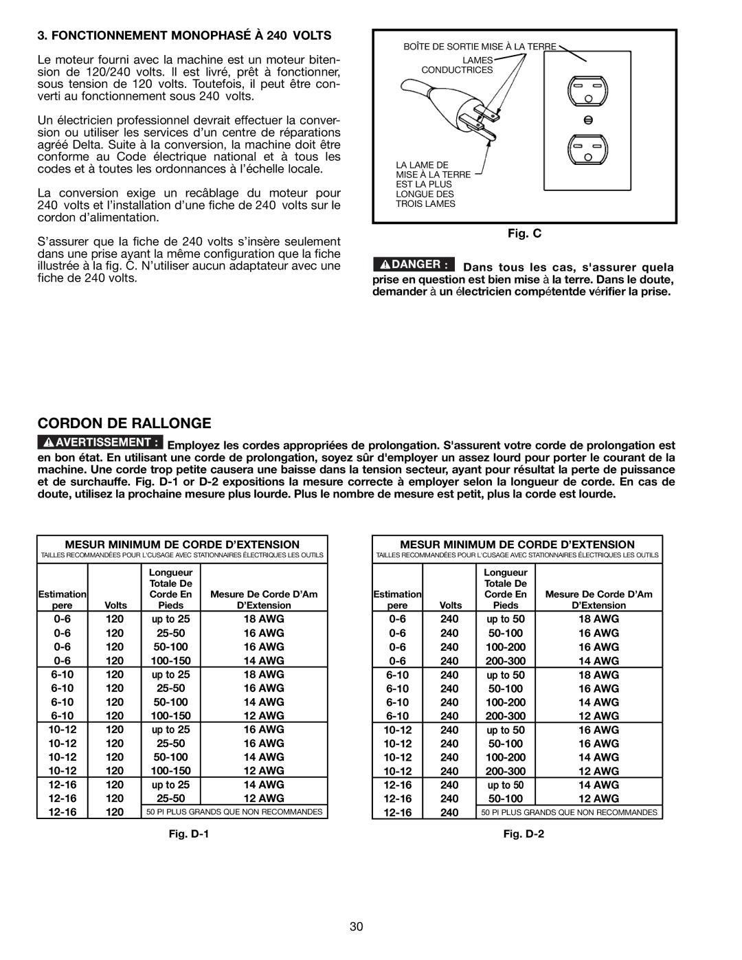 Delta 36-714B Cordon DE Rallonge, Fonctionnement Monophasé À 240 Volts, Mesur Minimum DE Corde D’EXTENSION 