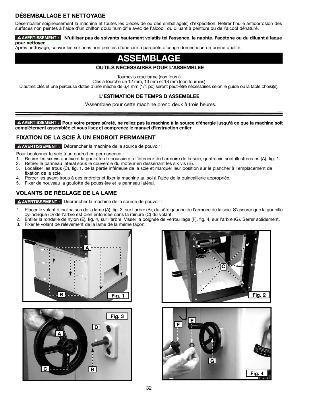 Delta 36-714B instruction manual Assemblage, Désemballage ET Nettoyage, Fixation DE LA Scie À UN Endroit Permanent 