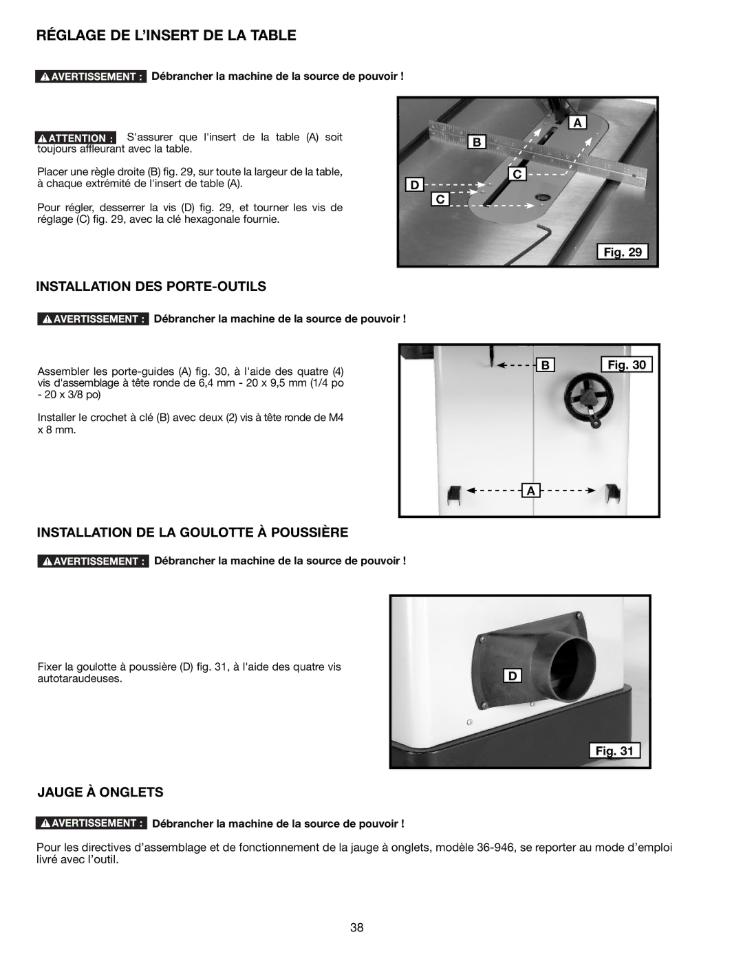 Delta 36-714B Réglage DE L’INSERT DE LA Table, Installation DES PORTE-OUTILS, Installation DE LA Goulotte À Poussière 