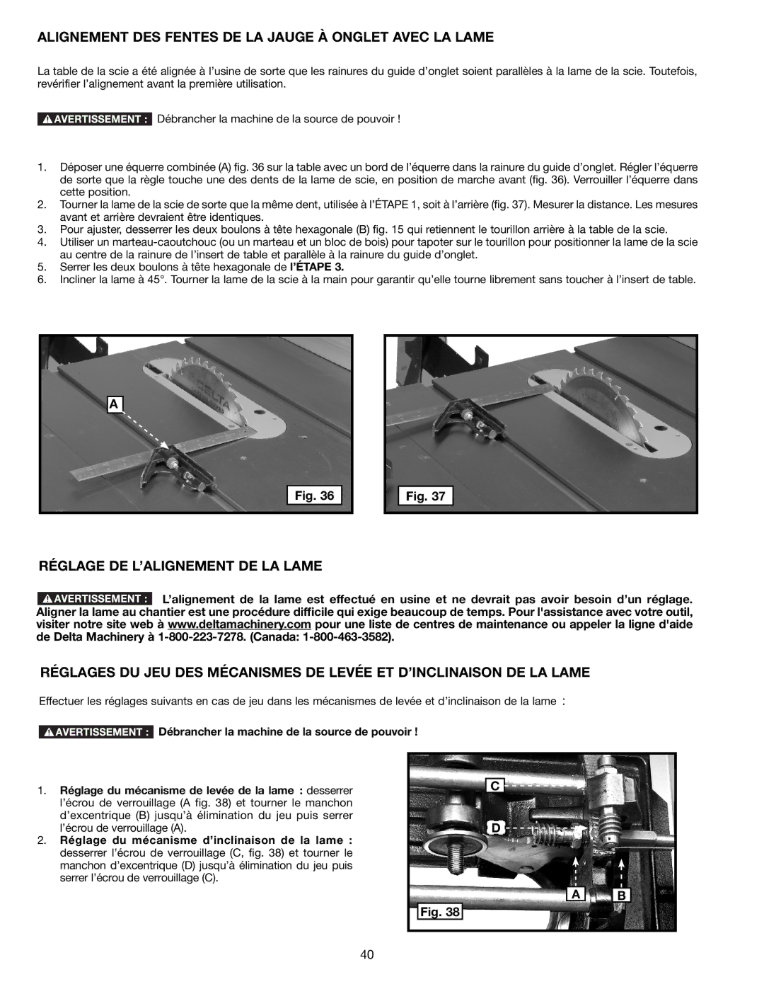 Delta 36-714B instruction manual Alignement DES Fentes DE LA Jauge À Onglet Avec LA Lame 