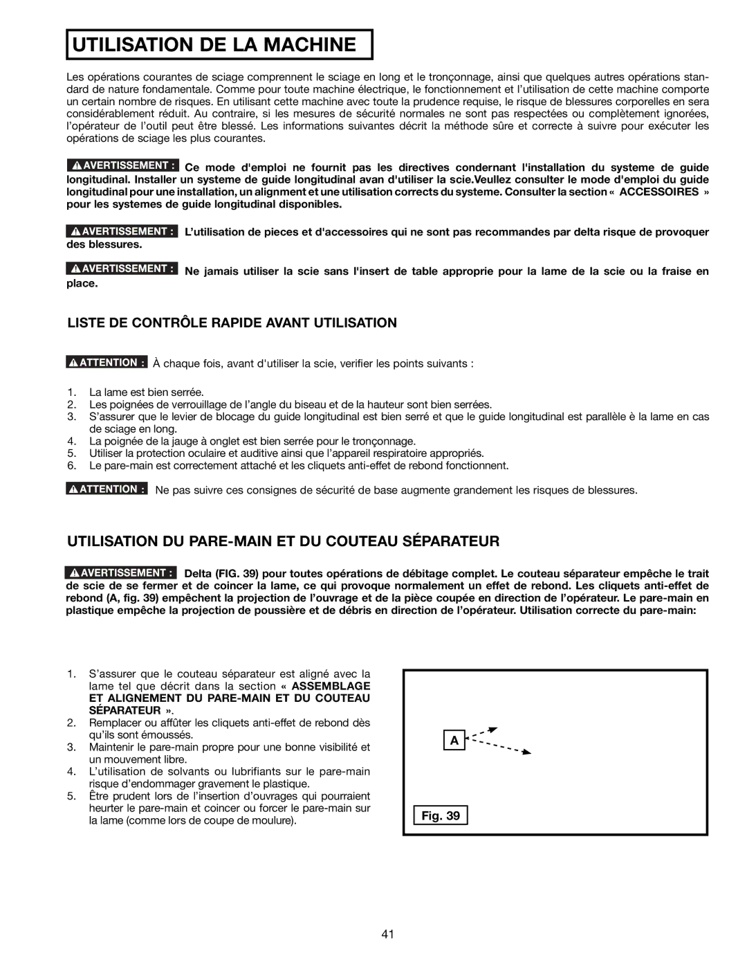 Delta 36-714B Utilisation DU PARE-MAIN ET DU Couteau Séparateur, Liste DE Contrôle Rapide Avant Utilisation 