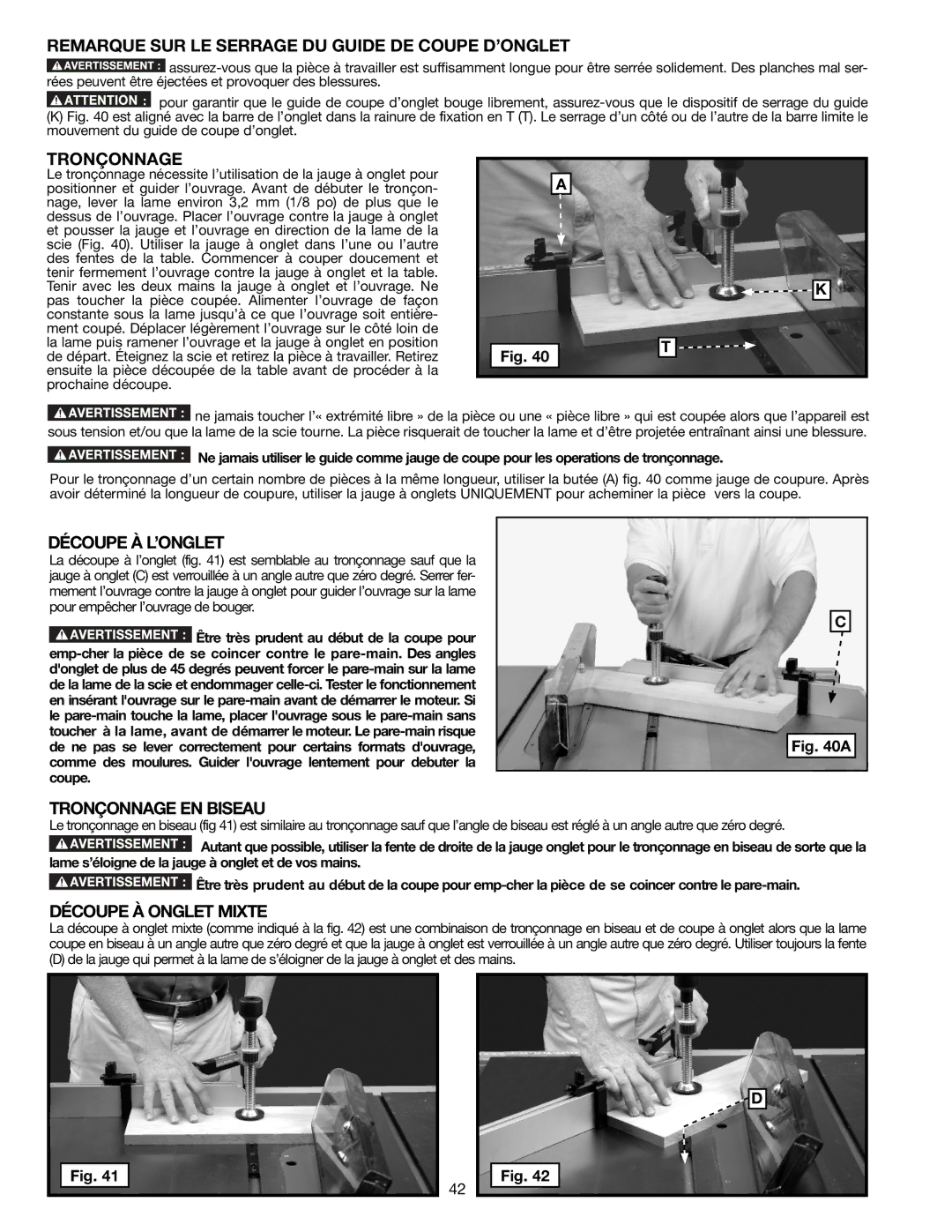 Delta 36-714B Remarque SUR LE Serrage DU Guide DE Coupe D’ONGLET, Découpe À L’ONGLET, Tronçonnage EN Biseau 