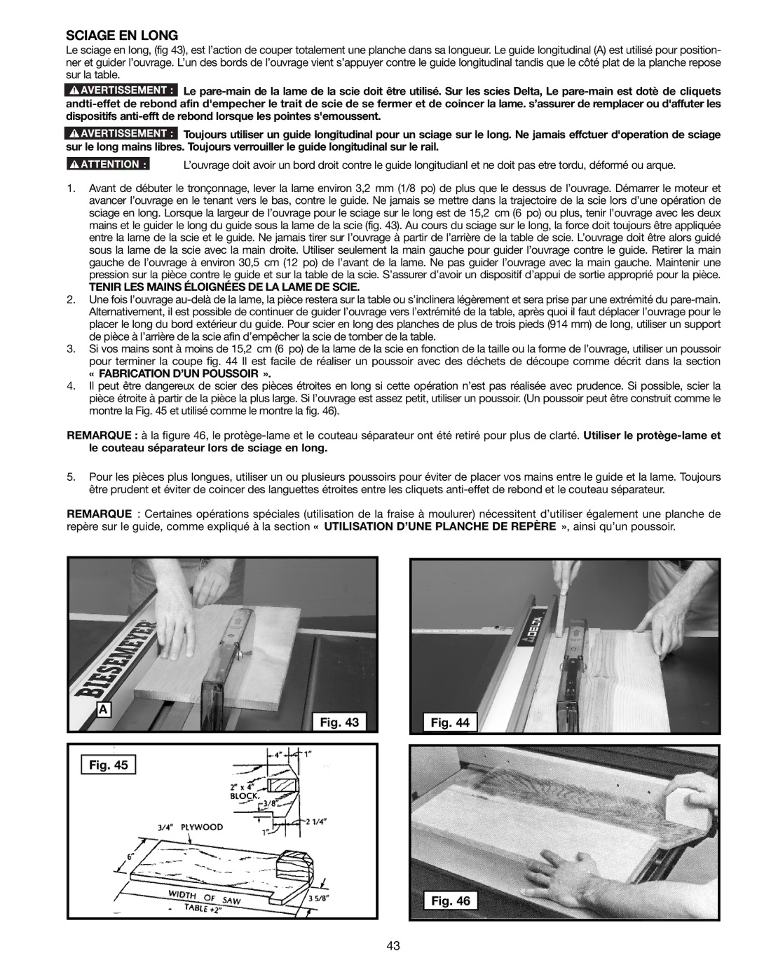 Delta 36-714B Sciage EN Long, Tenir LES Mains Éloignées DE LA Lame DE Scie, « Fabrication D’UN Poussoir » 