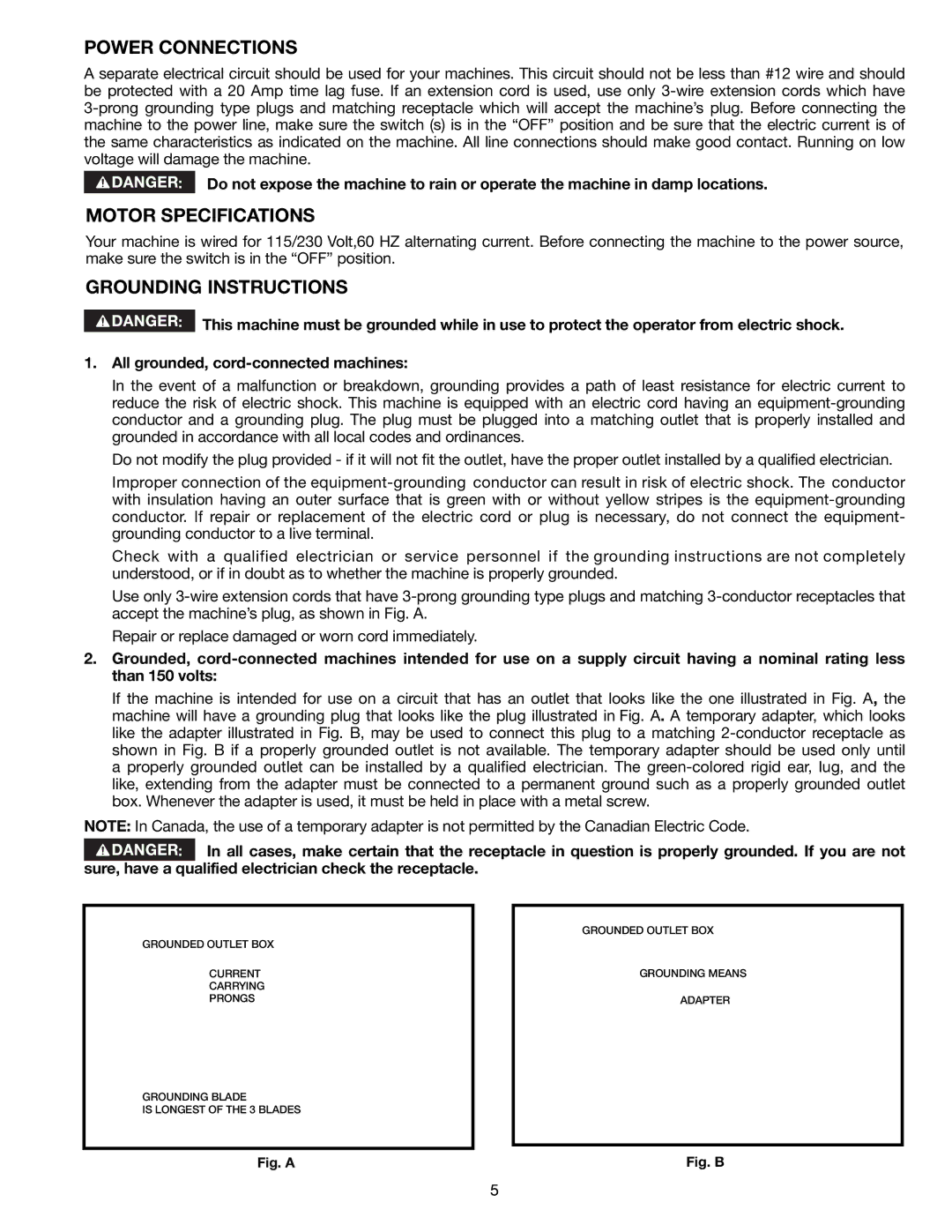 Delta 36-714B instruction manual Power Connections, Motor Specifications, Grounding Instructions 